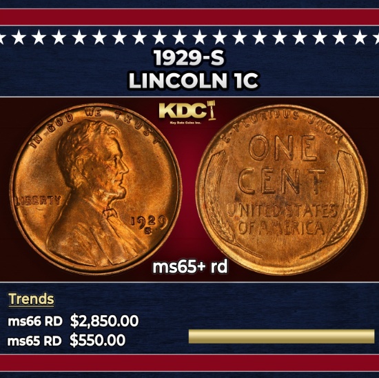 1929-s Lincoln Cent 1c ms65+ rd SEGS
