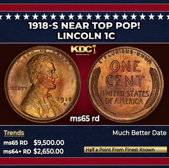 1918-s Lincoln Cent Near Top Pop! 1c ms65 rd SEGS