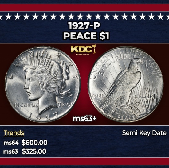 1927-p Peace Dollar $1 Grades ms63+