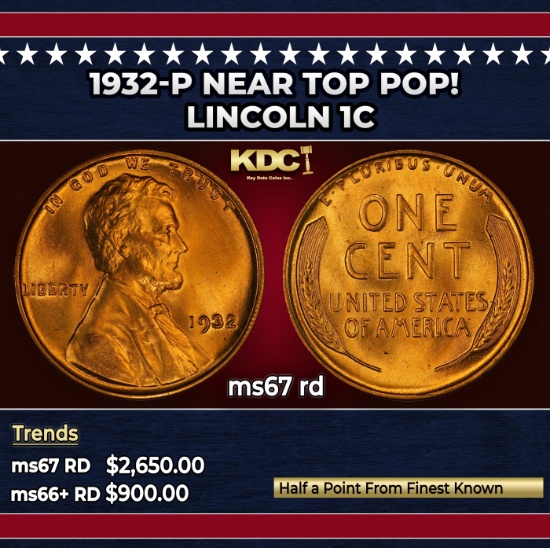 1932-p Lincoln Cent Near Top Pop! 1c ms67 rd SEGS