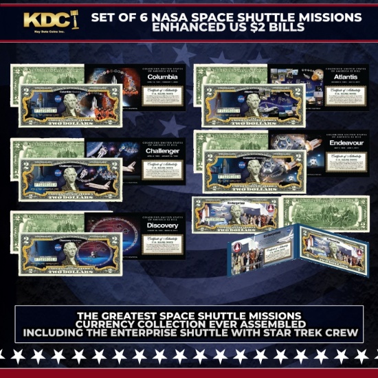Complete Set of All 6 NASA Space Shuttle Missions Enhanced US $2 Bills, Including Enterprise W/ Star