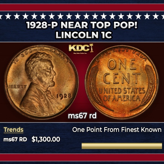 1928-p Lincoln Cent Near Top Pop! 1c ms67 rd SEGS