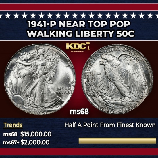 1941-p Walking Liberty Half Dollar Near Top Pop 50c ms68 SEGS