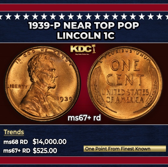 1939-p Lincoln Cent Near Top Pop 1c ms67+ rd SEGS