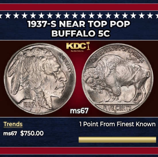 1937-s Buffalo Nickel Near Top Pop 5c ms67 SEGS