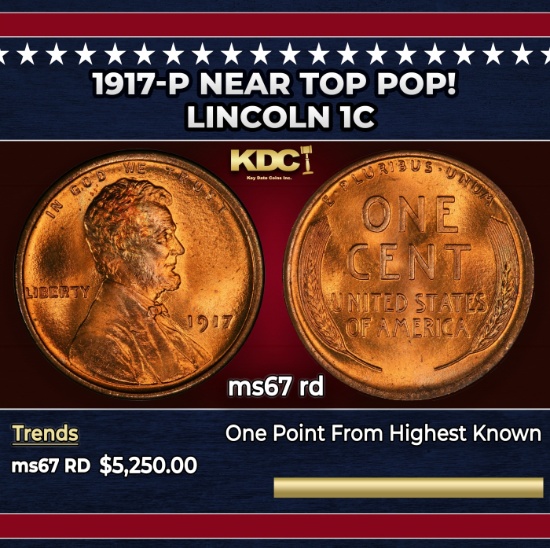 1917-p Lincoln Cent Near Top Pop! 1c ms67 rd SEGS