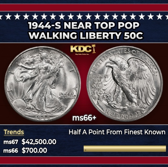 1944-s Walking Liberty Half Dollar Near Top Pop 50c ms66+ SEGS