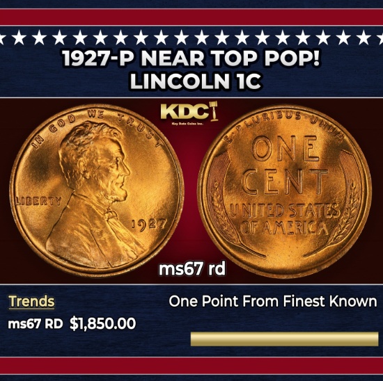 1927-p Lincoln Cent Near Top Pop! 1c ms67 rd SEGS