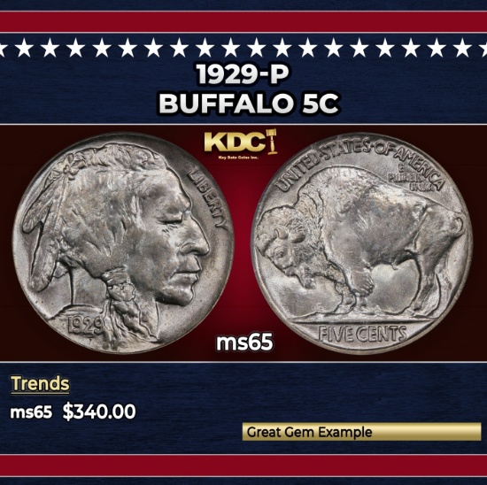 1929-p Buffalo Nickel 5c Grades ms65
