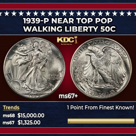 1939-p Walking Liberty Half Dollar Near Top Pop 50c ms67+ SEGS
