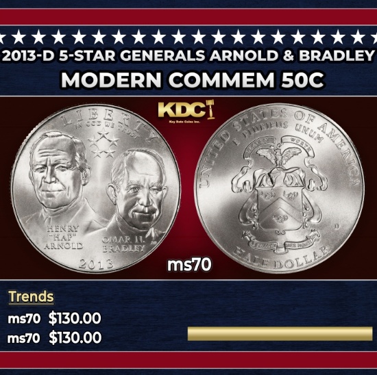 2013-d 5-Star Generals Arnold & Bradley Modern Commem Half Dollar 50c ms70 SEGS