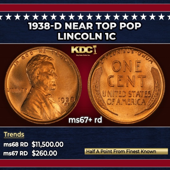 1938-d Lincoln Cent Near Top Pop 1c ms67+ rd SEGS