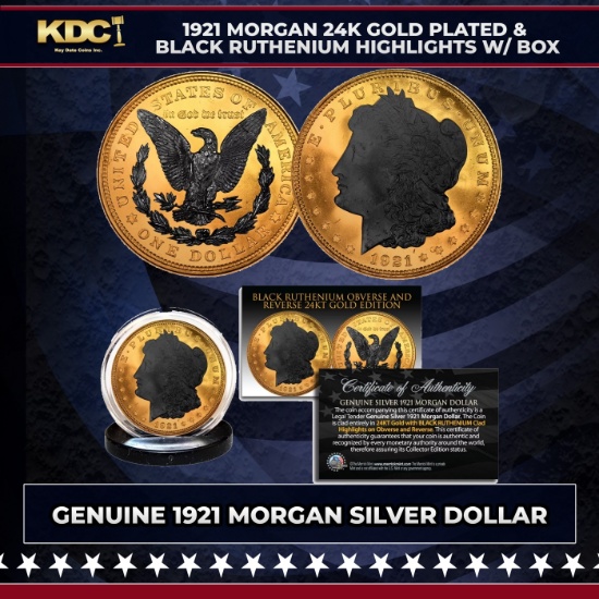 1921 Morgan Dollar $1 24K Gold Plated & Black Ruthenium Highlights w/ Box Other Toy
