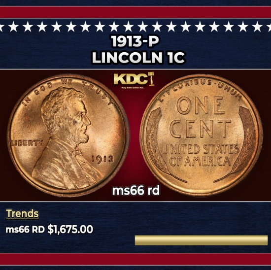 1913-p Lincoln Cent 1c ms66 rd SEGS