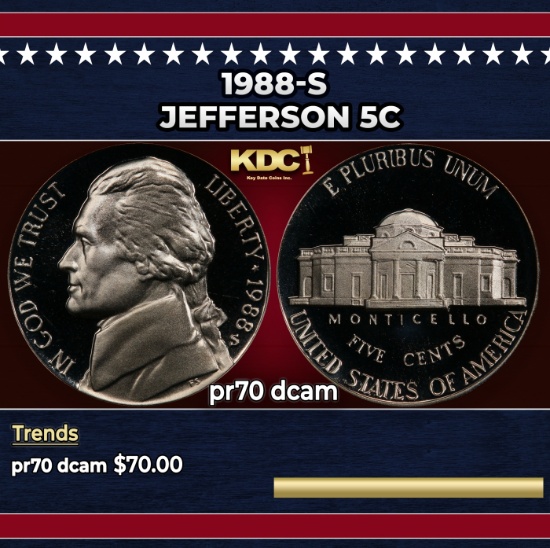 1988-s Proof Jefferson Nickel 5c pr70 dcam SEGS