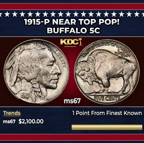 1915-p Buffalo Nickel Near Top Pop! 5c ms67 SEGS