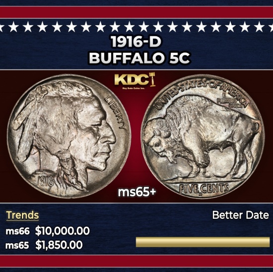 1916-d Buffalo Nickel 5c ms65+ SEGS