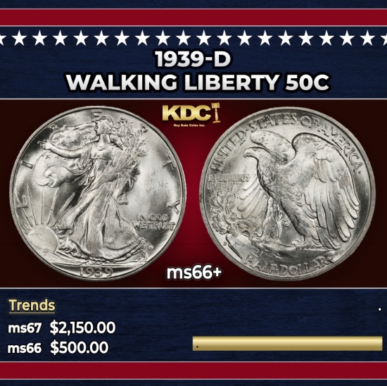 1939-d Walking Liberty Half Dollar 50c ms66+ SEGS