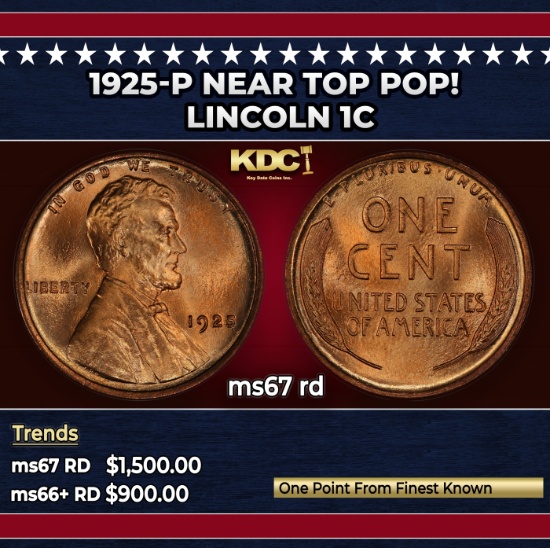 1925-p Lincoln Cent Near Top Pop! 1c ms67 rd SEGS
