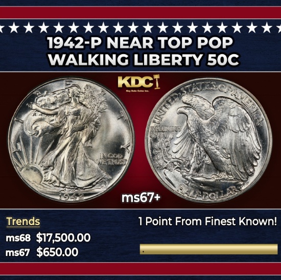 1942-p Walking Liberty Half Dollar Near Top Pop 50c ms67+ SEGS