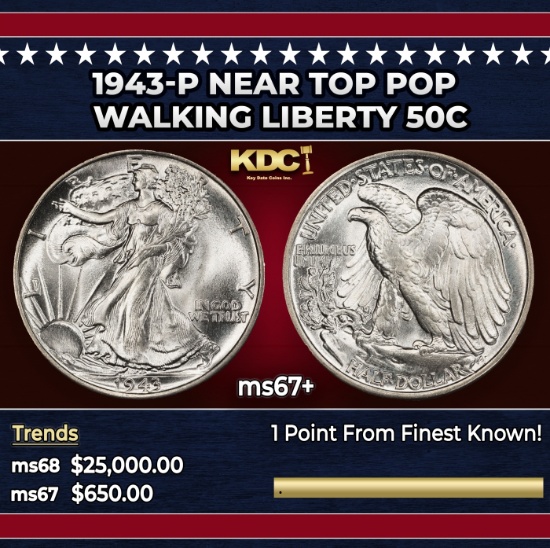 1943-p Walking Liberty Half Dollar Near Top Pop 50c ms67+ SEGS