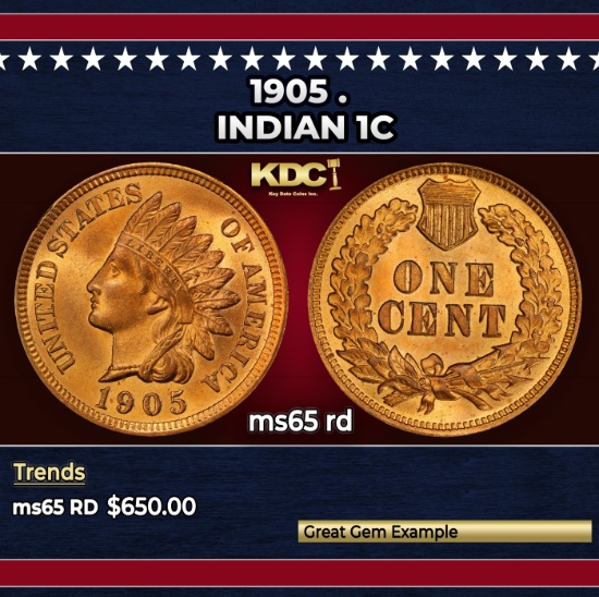 1905 Indian Cent . 1c Grades ms65 rd