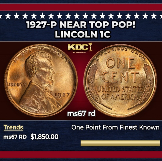 1927-p Lincoln Cent Near Top Pop! 1c ms67 rd SEGS