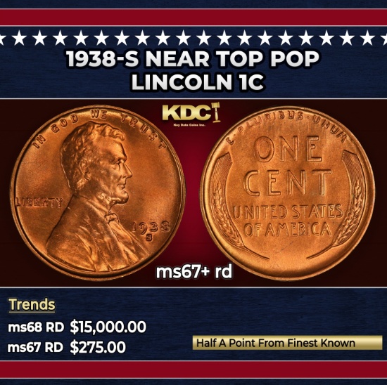 1938-s Lincoln Cent Near Top Pop 1c ms67+ rd SEGS