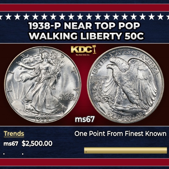 1938-p Walking Liberty Half Dollar Near Top Pop 50c ms67 SEGS