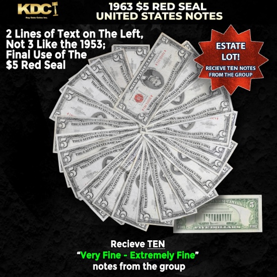 10x 1963 $5 Red Seal United States Note Grades VF/XF