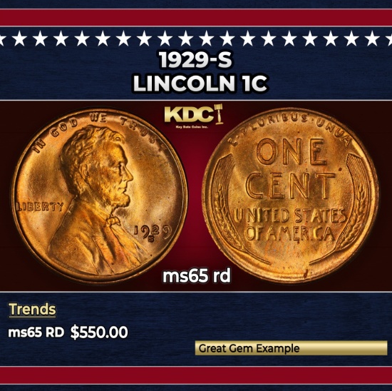 1929-s Lincoln Cent 1c Grades ms65 rd