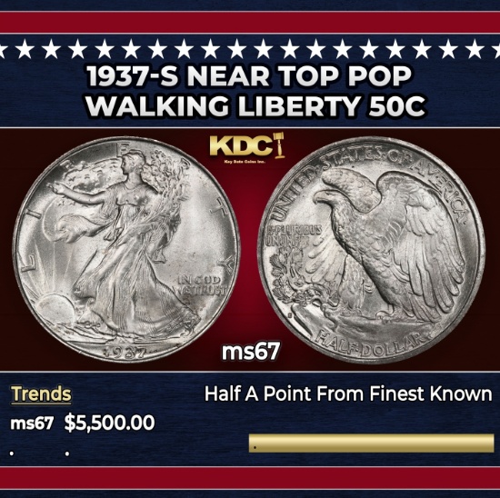 1937-s Walking Liberty Half Dollar Near Top Pop 50c ms67 SEGS