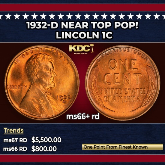 1932-d Lincoln Cent Near Top Pop! 1c ms66+ rd SEGS