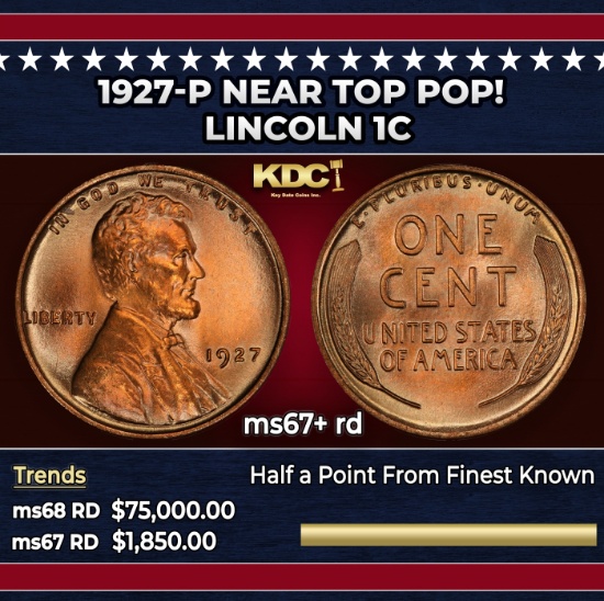 1927-p Lincoln Cent Near Top Pop! 1c ms67+ rd SEGS