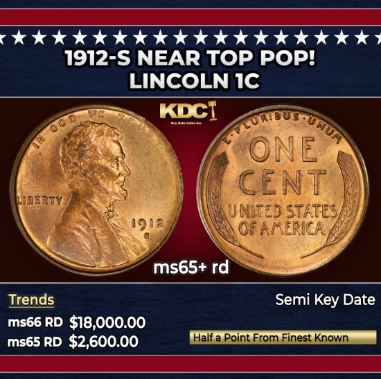 1912-s Lincoln Cent Near Top Pop! 1c ms65+ rd SEGS