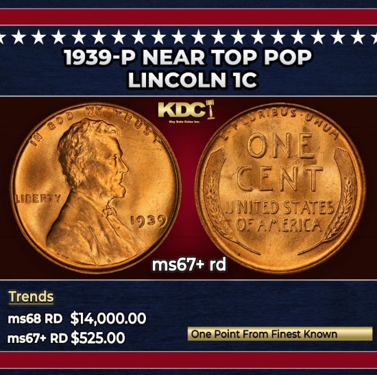 1939-p Lincoln Cent Near Top Pop 1c ms67+ rd SEGS