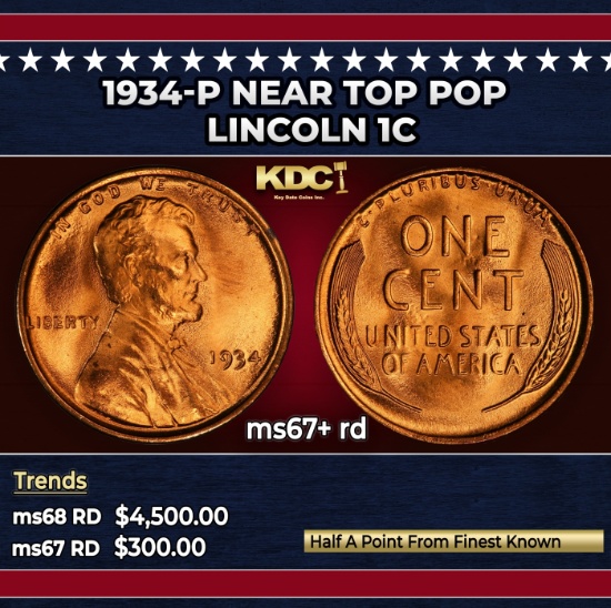 1934-p Lincoln Cent Near Top Pop 1c ms67+ rd SEGS