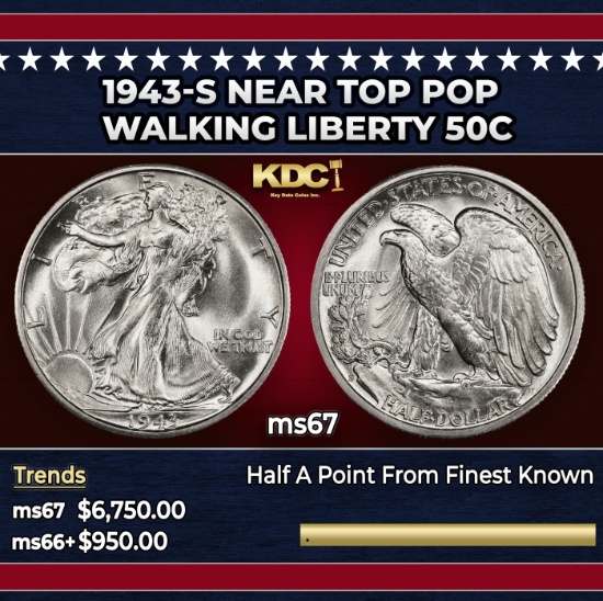 1943-s Walking Liberty Half Dollar Near Top Pop 50c ms67 SEGS