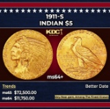 1911-s Gold Indian Half Eagle $5 ms64+ USCG