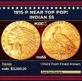 1915-p Gold Indian Half Eagle Near Top Pop! $5 ms65 USCG