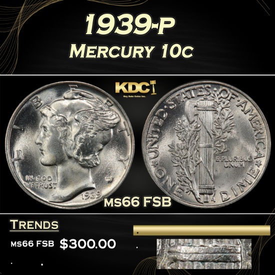 1939-p Mercury Dime 10c ms66 FSB SEGS
