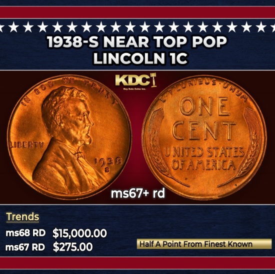 1938-s Lincoln Cent Near Top Pop 1c ms67+ rd SEGS