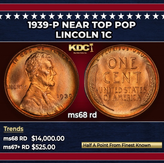 1939-p Lincoln Cent Near Top Pop 1c ms68 rd SEGS
