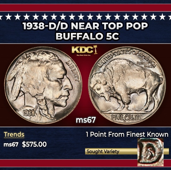1938-d/d Buffalo Nickel Near Top Pop 5c ms67 SEGS