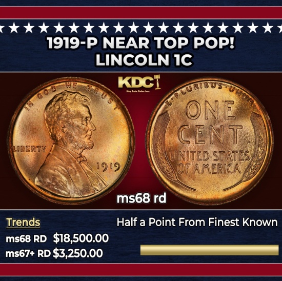 1919-p Lincoln Cent Near Top Pop! 1c ms68 rd SEGS