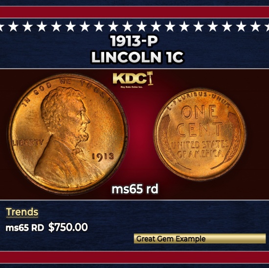 1913-p Lincoln Cent 1c Grades ms65 rd