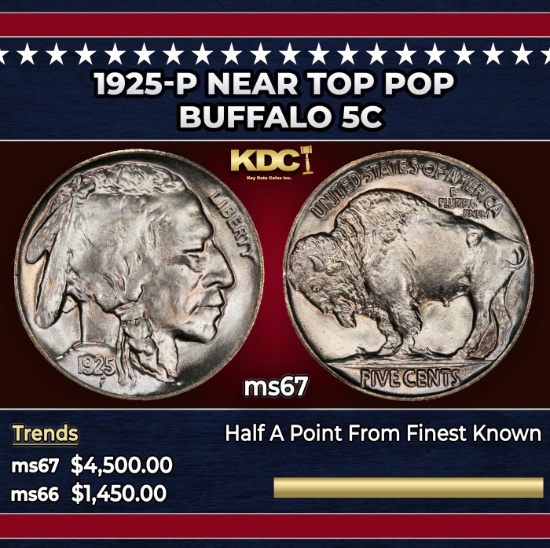 1925-p Buffalo Nickel Near Top Pop 5c ms67 SEGS