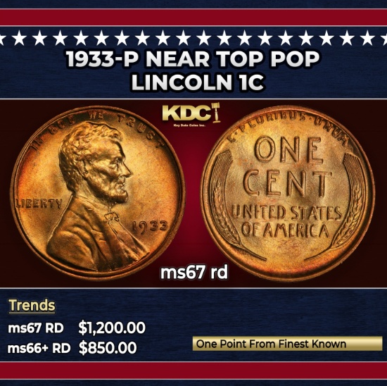 1933-p Lincoln Cent Near Top Pop 1c ms67 rd SEGS