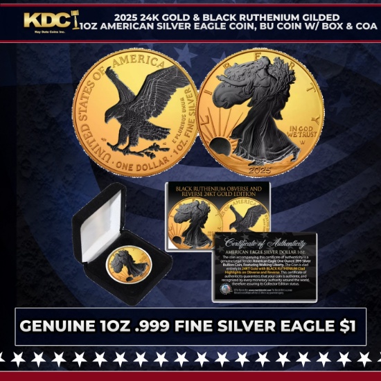 2025 24K Gold & Black Ruthenium Gilded 1oz American Silver Eagle Coin, BU Coin w/ Box & COA Other To