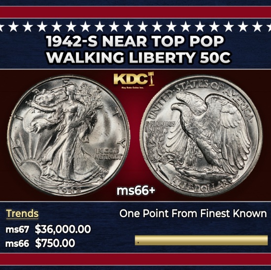 1942-s Walking Liberty Half Dollar Near Top Pop 50c ms66+ SEGS